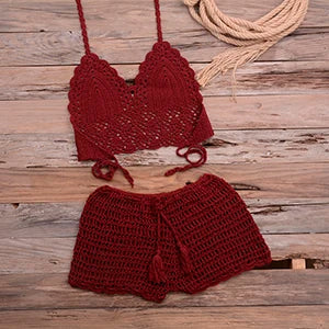 Crochet Bikini Set Tassel Knitting Tube Up Two Pieces Push-Up Swimsuit Halter Bandage Swimwear Beach Bath Suit Bikinis