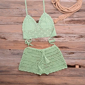 Crochet Bikini Set Tassel Knitting Tube Up Two Pieces Push-Up Swimsuit Halter Bandage Swimwear Beach Bath Suit Bikinis