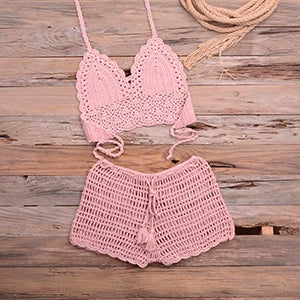 Crochet Bikini Set Tassel Knitting Tube Up Two Pieces Push-Up Swimsuit Halter Bandage Swimwear Beach Bath Suit Bikinis