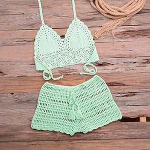 Crochet Bikini Set Tassel Knitting Tube Up Two Pieces Push-Up Swimsuit Halter Bandage Swimwear Beach Bath Suit Bikinis