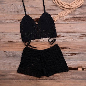 Crochet Bikini Set Tassel Knitting Tube Up Two Pieces Push-Up Swimsuit Halter Bandage Swimwear Beach Bath Suit Bikinis