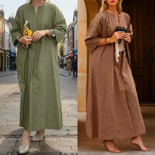 Abaya Dress Women Solid Color Robe Casual Cotton Linen Long Frock Loose One Piece Set Streetwear Muslim Vintage Clothing Islam