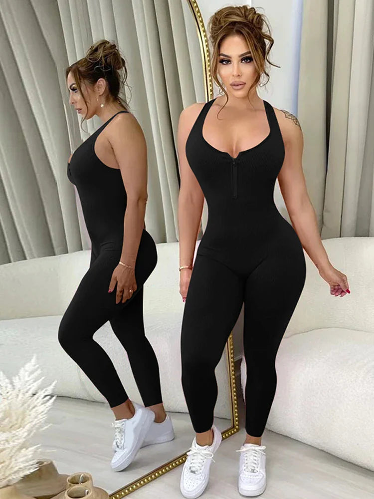 Hugcitar 2024 Solid Straps Sleeveless Zipper Sexy Bodycon One Piece Jumpsuit Summer Women Fashion Romper Streetwear Sport Gym