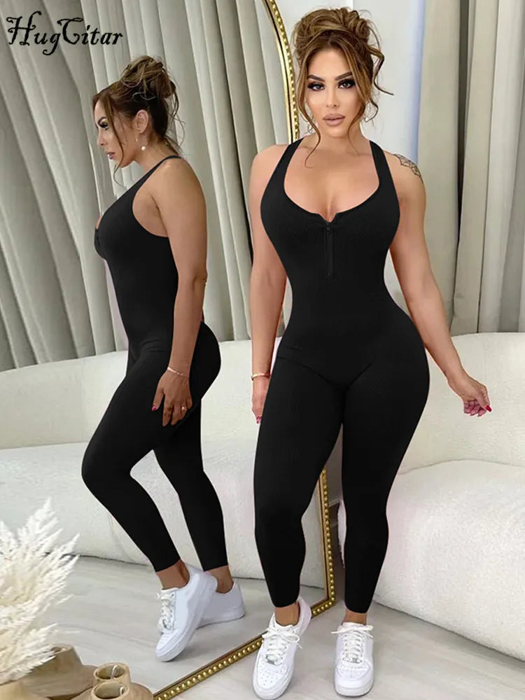 Hugcitar 2024 Solid Straps Sleeveless Zipper Sexy Bodycon One Piece Jumpsuit Summer Women Fashion Romper Streetwear Sport Gym